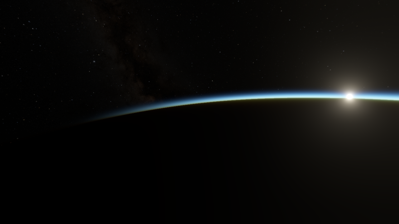 It's 1 am.. Earth at the bottom from very high above, atmospheric scattering and a blooming sun.