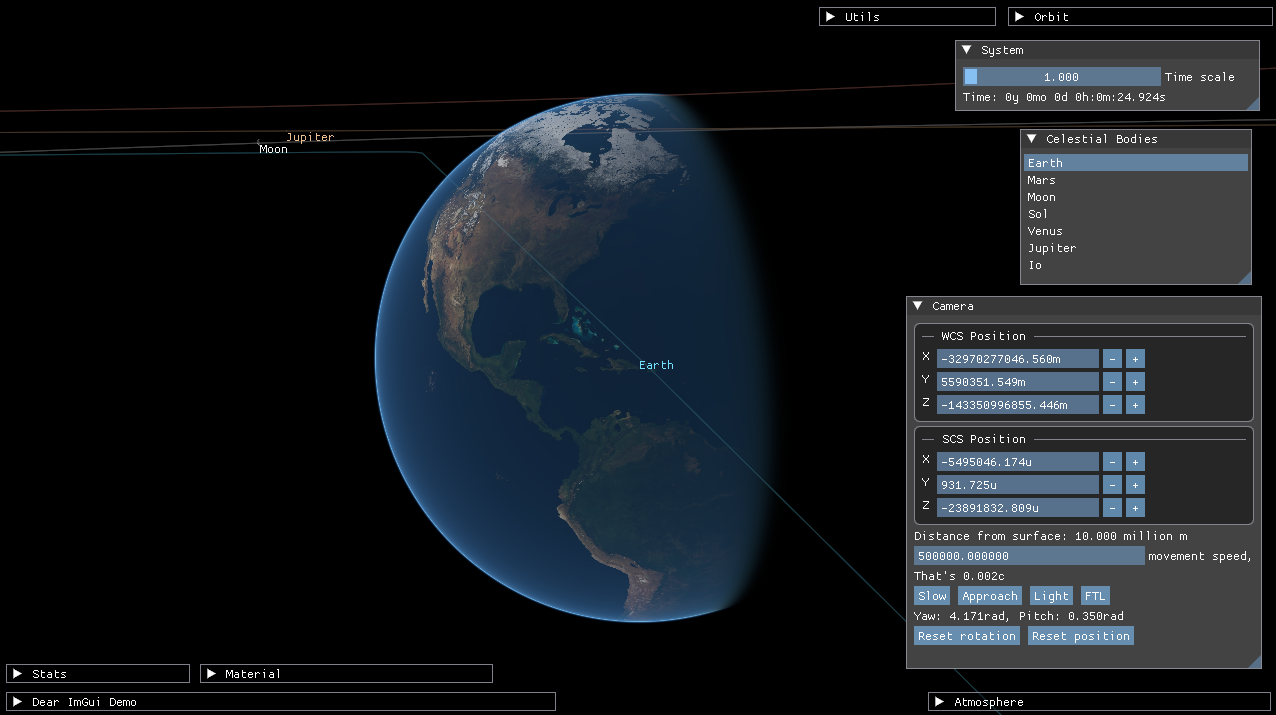 Showcasing the User Interface and differnet celestial bodies' orbits. View from Earth, the Moon is visible, the orbits of Jupiter and Mars are visible (and their labels).