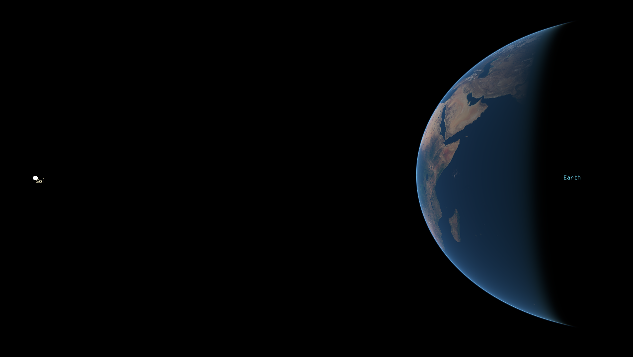 View of Earth partially in shadow from ~10 million km, with the Sun visible on the left.