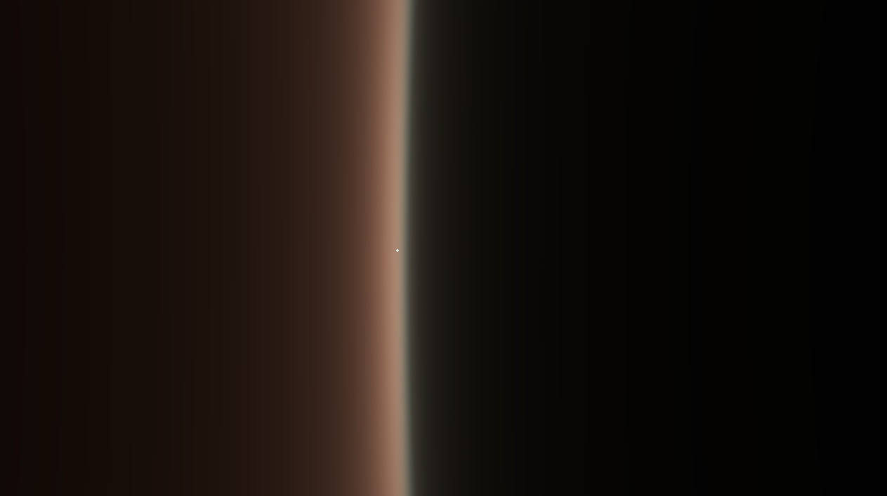 A sunset on Mars, from high above the ground. The dark Martian surface is taking up the right half of the picture, with a gradient from pale blue near the surface to orange, with a small dot of our Sun in the middle.