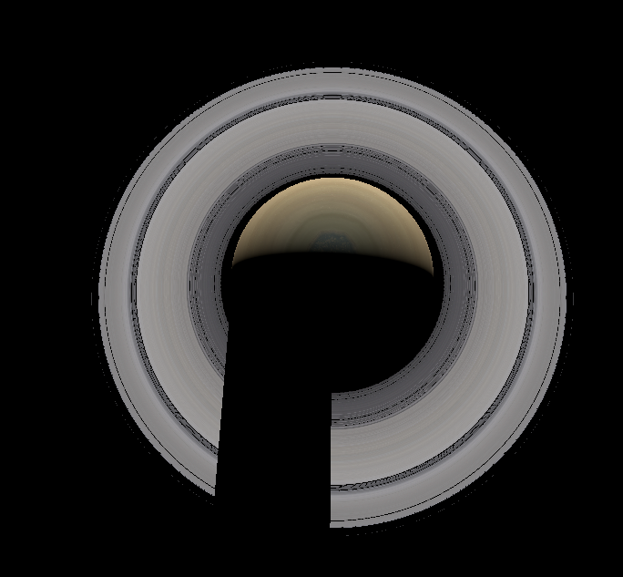 I'm too lazy sorry :( Saturn from above, but only half of the shadow is visible.